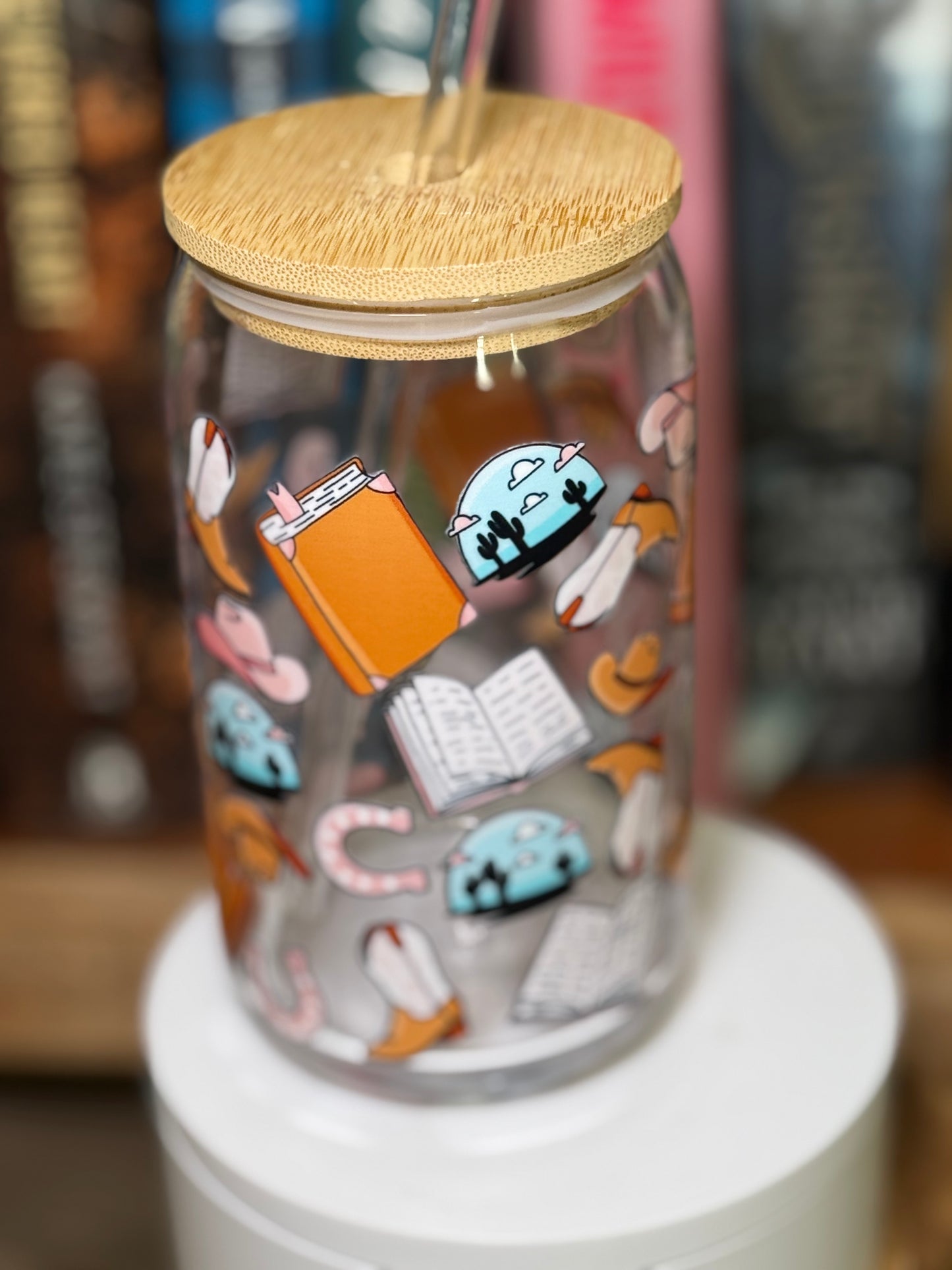 Small Town Cowboy Romance Glass Cup – 16oz Booktrope Can Glass with Bamboo Lid + Straw
