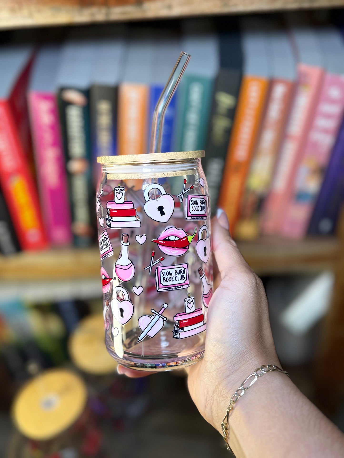 Slow Burn Bookish Glass Cup – 16oz Glass Can with Straw + Bamboo Lid | Romance Reader Gift