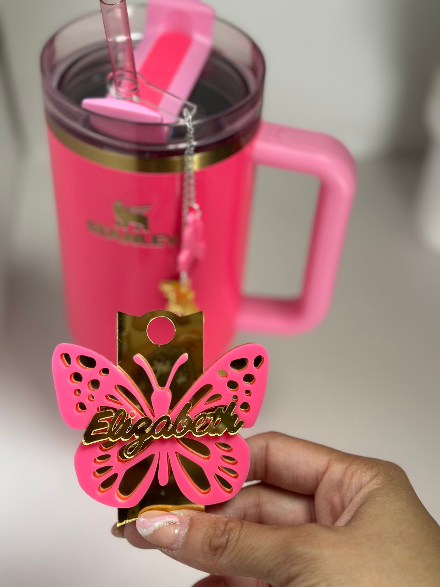 Pink Parade Butterfly Tumbler Topper Pink Tumbler Topper Pink Gold tumbler charms Topper Pink Gold tumbler Topper Tumbler name plate