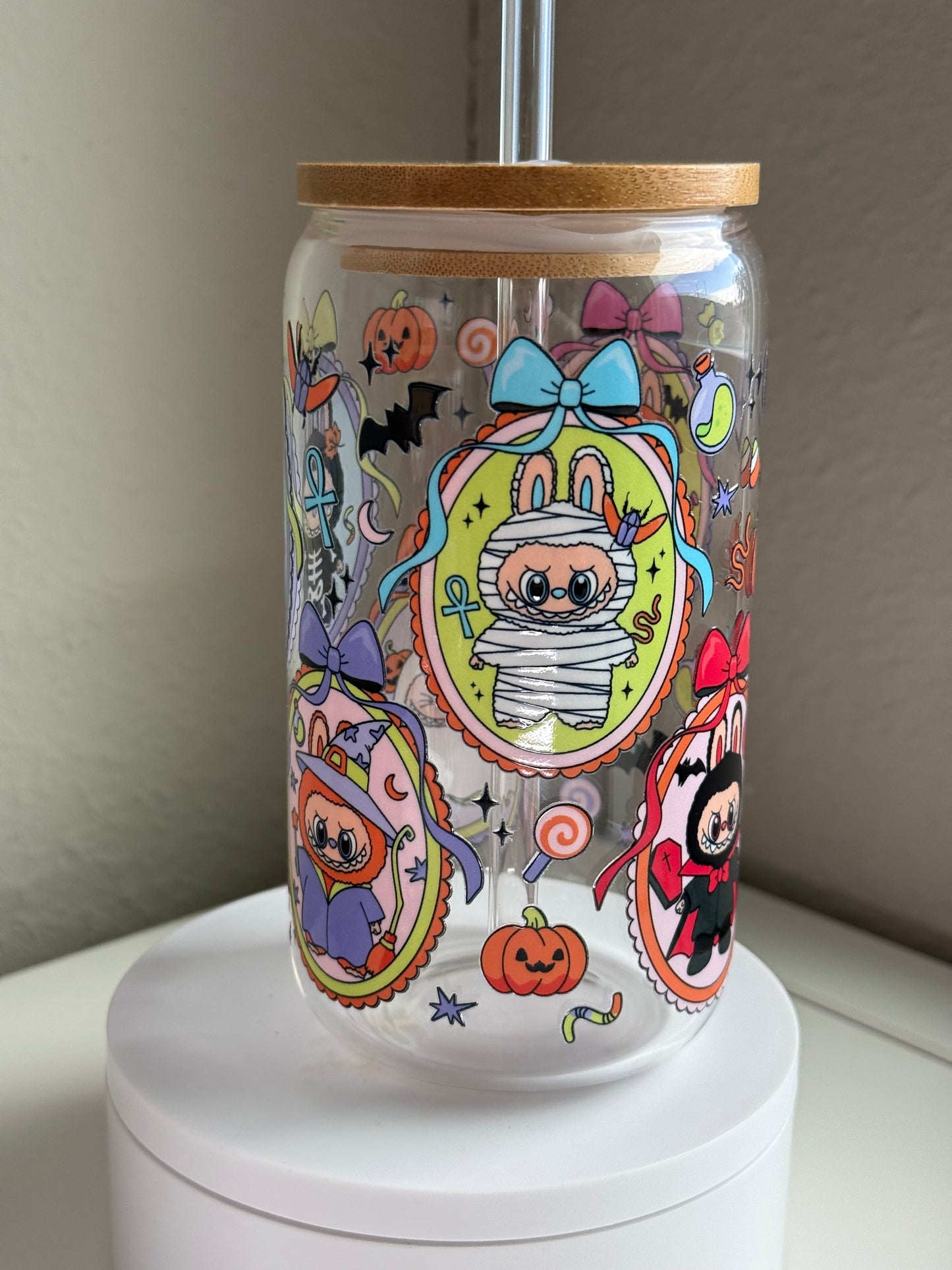 🎃 Spooky Bunny Halloween Cup – Labubu-Inspired 16 oz Glass Tumbler w/ Bamboo Lid & Straw