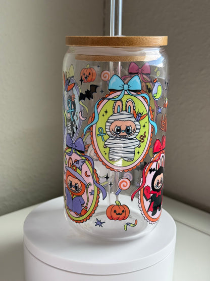 🎃 Spooky Bunny Halloween Cup – Labubu-Inspired 16 oz Glass Tumbler w/ Bamboo Lid & Straw