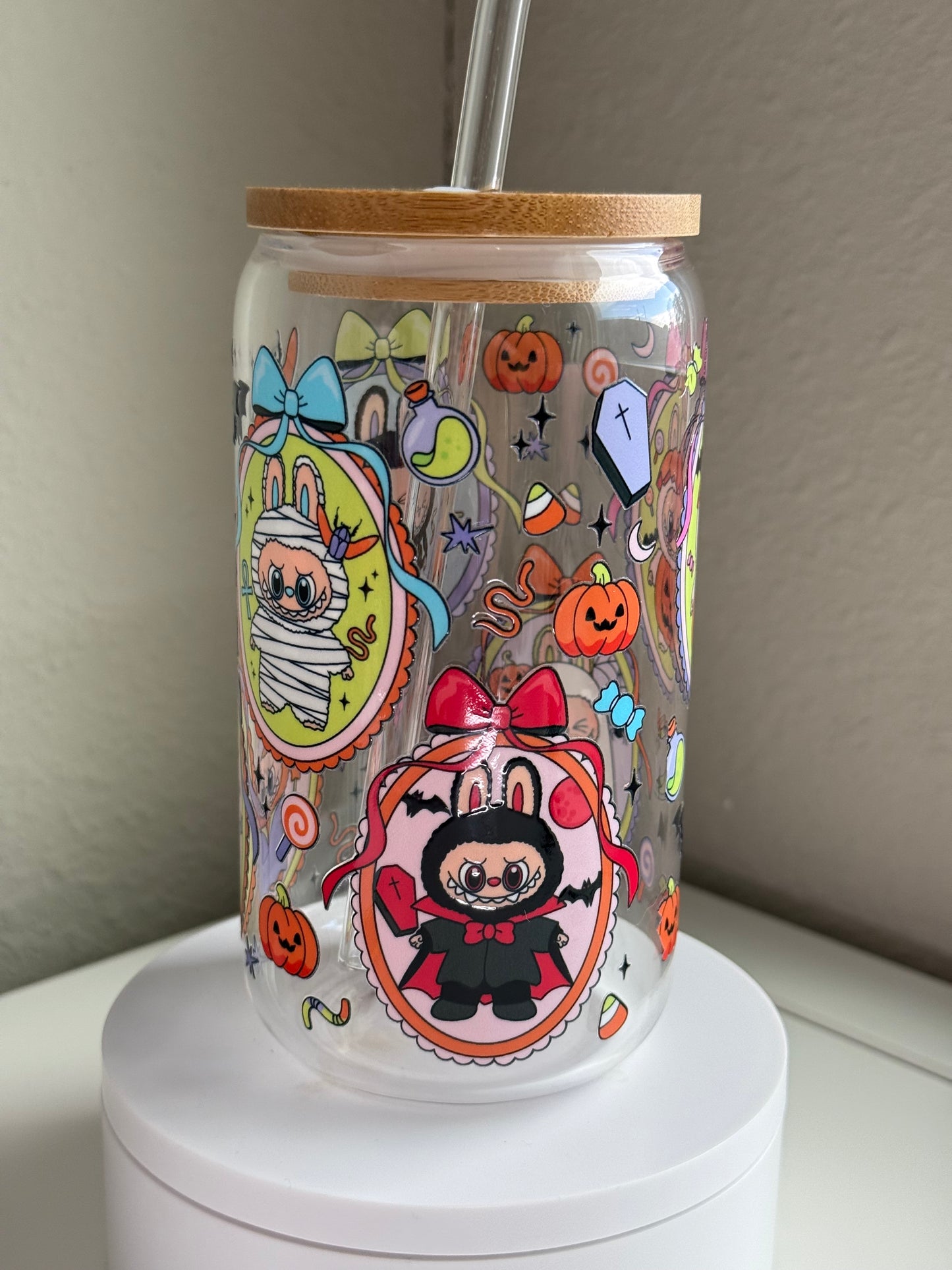 🎃 Spooky Bunny Halloween Cup – Labubu-Inspired 16 oz Glass Tumbler w/ Bamboo Lid & Straw