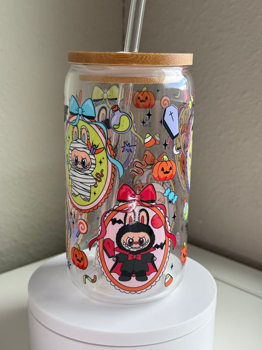 🎃 Spooky Bunny Halloween Cup – Labubu-Inspired 16 oz Glass Tumbler w/ Bamboo Lid & Straw