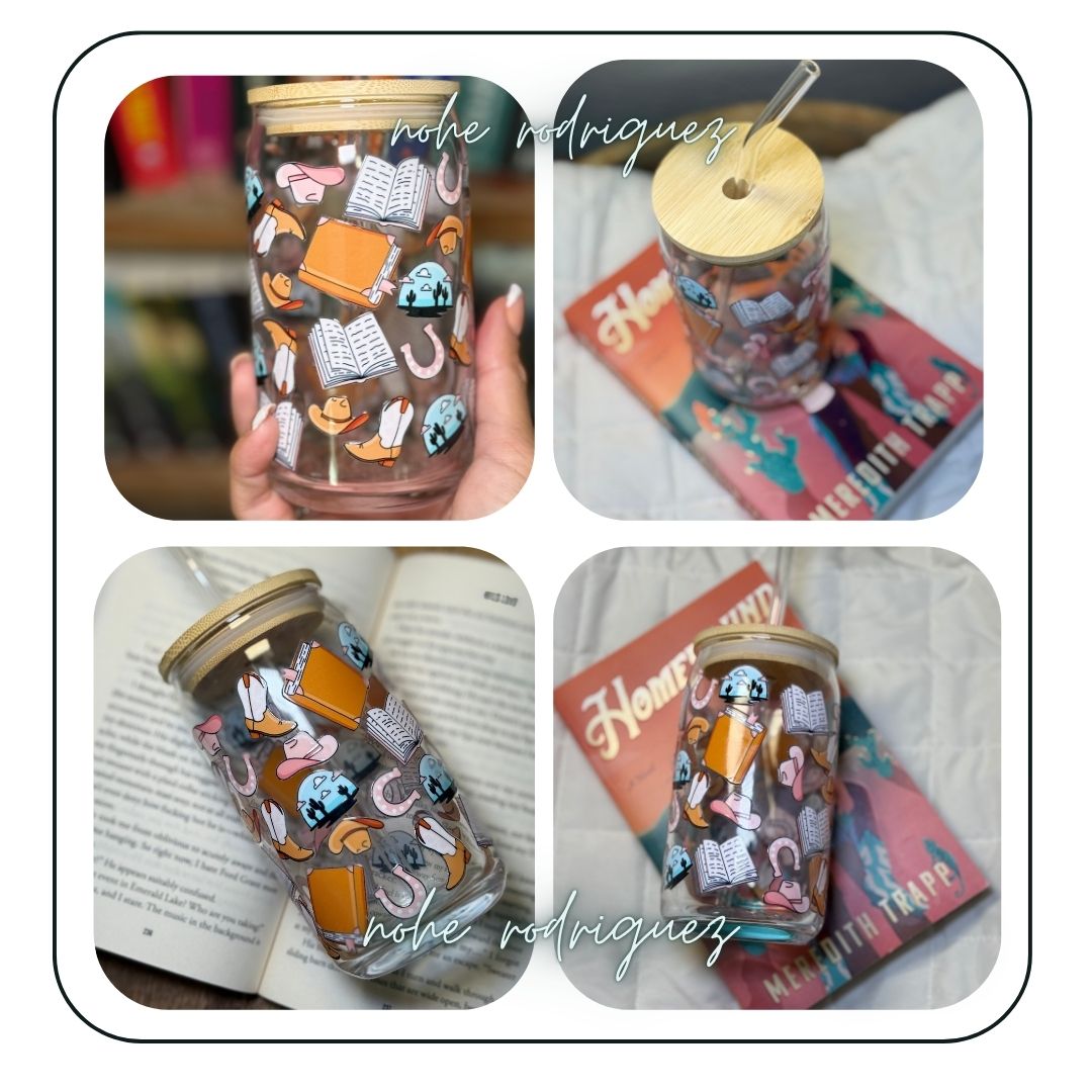 Small Town Cowboy Romance Glass Cup – 16oz Booktrope Can Glass with Bamboo Lid + Straw