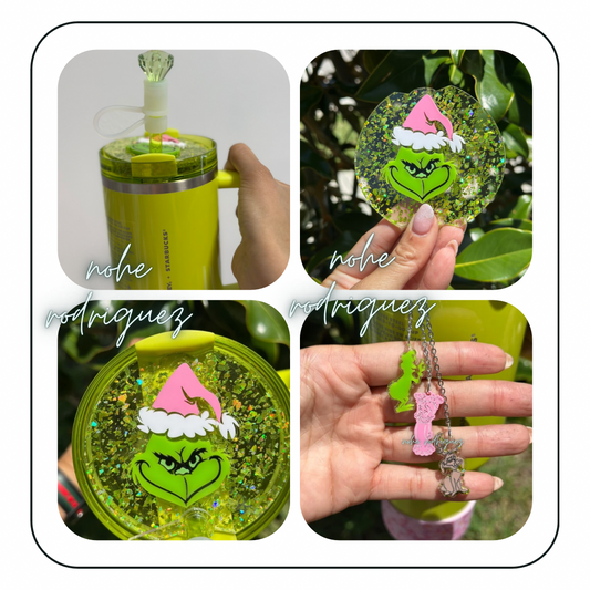 Pink Christmas Green Monster  Tumbler Accessory separate or set