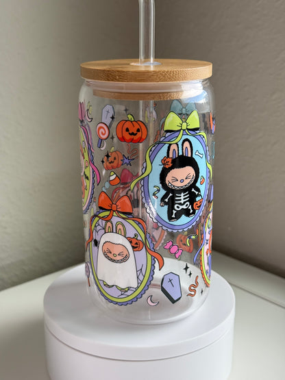 🎃 Spooky Bunny Halloween Cup – Labubu-Inspired 16 oz Glass Tumbler w/ Bamboo Lid & Straw