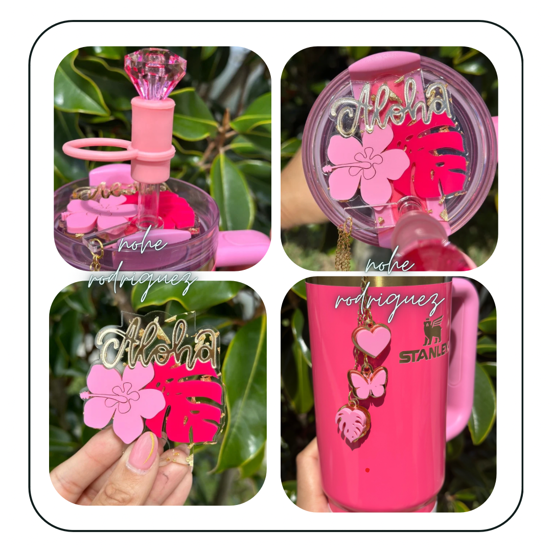 Pink Aloha Tropical Flower Tumbler Topper Hibiscus Flower Tag Personalized Flower Topper Tumbler Name Plate Topper Personalized Tumbler Accessory Pink Parade