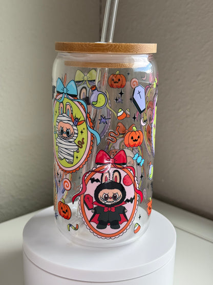 🎃 Spooky Bunny Halloween Cup – Labubu-Inspired 16 oz Glass Tumbler w/ Bamboo Lid & Straw