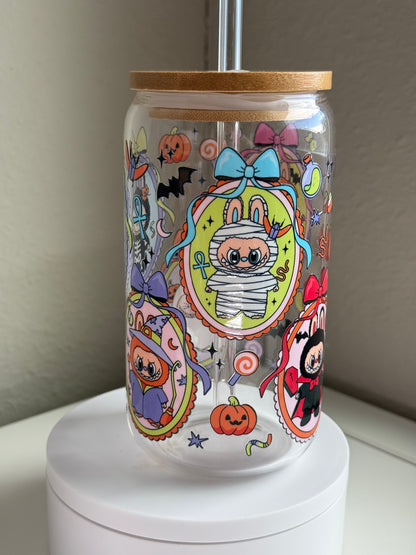 🎃 Spooky Bunny Halloween Cup – Labubu-Inspired 16 oz Glass Tumbler w/ Bamboo Lid & Straw