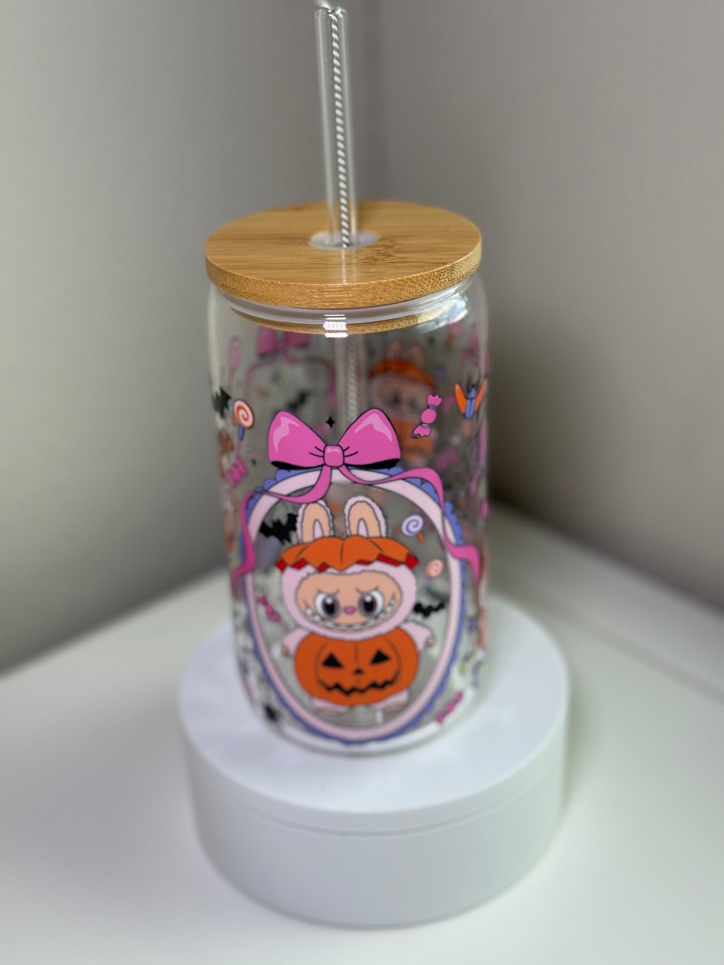 Spooky Pink Bow BuBu Monster Glass Cup – 16 oz Halloween Iced Coffee Tumbler Inspired by Labubu Style