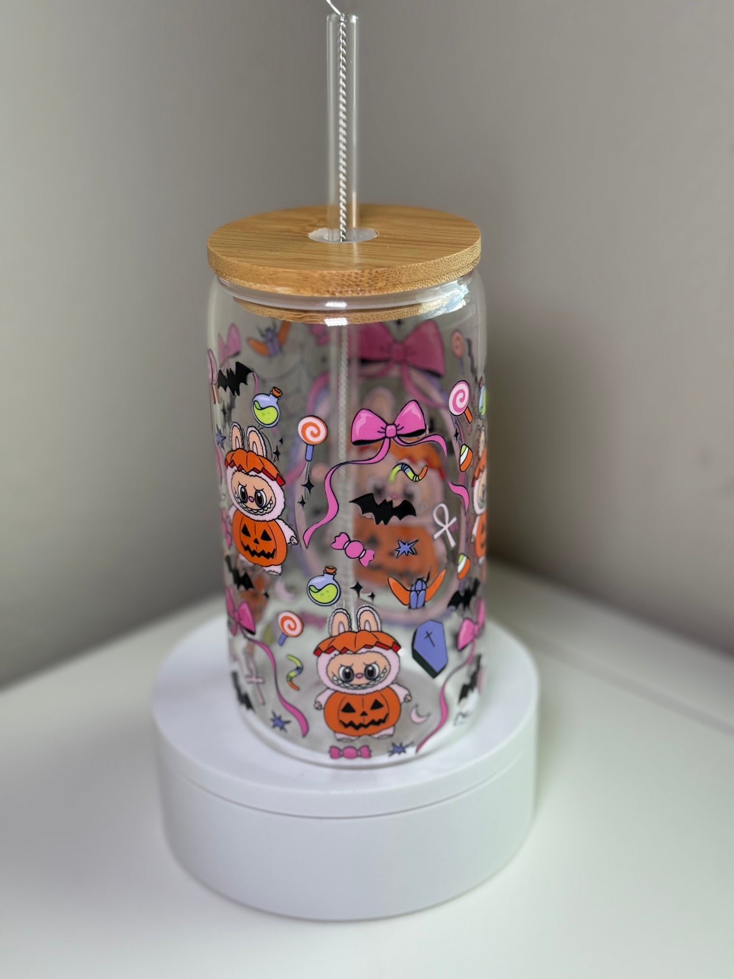 Spooky Pink Bow BuBu Monster Glass Cup – 16 oz Halloween Iced Coffee Tumbler Inspired by Labubu Style