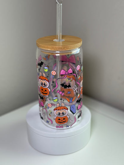 Spooky Pink Bow BuBu Monster Glass Cup – 16 oz Halloween Iced Coffee Tumbler Inspired by Labubu Style