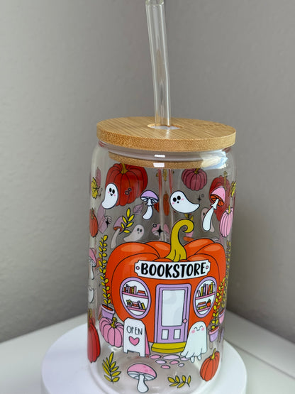 🎃 Spooky Bookstore Glass Cup – Fall Vibes + Ghostie Cuties (16 oz)