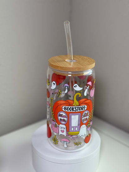 🎃 Spooky Bookstore Glass Cup – Fall Vibes + Ghostie Cuties (16 oz)