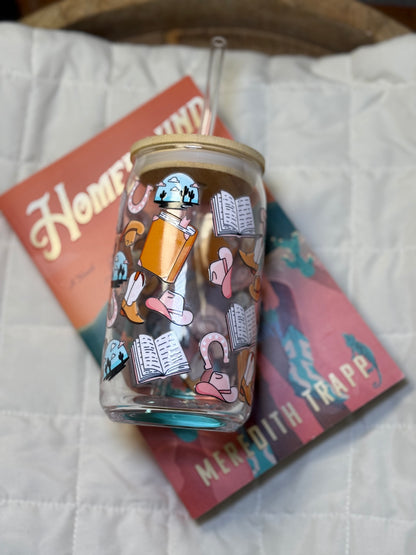 Small Town Cowboy Romance Glass Cup – 16oz Booktrope Can Glass with Bamboo Lid + Straw