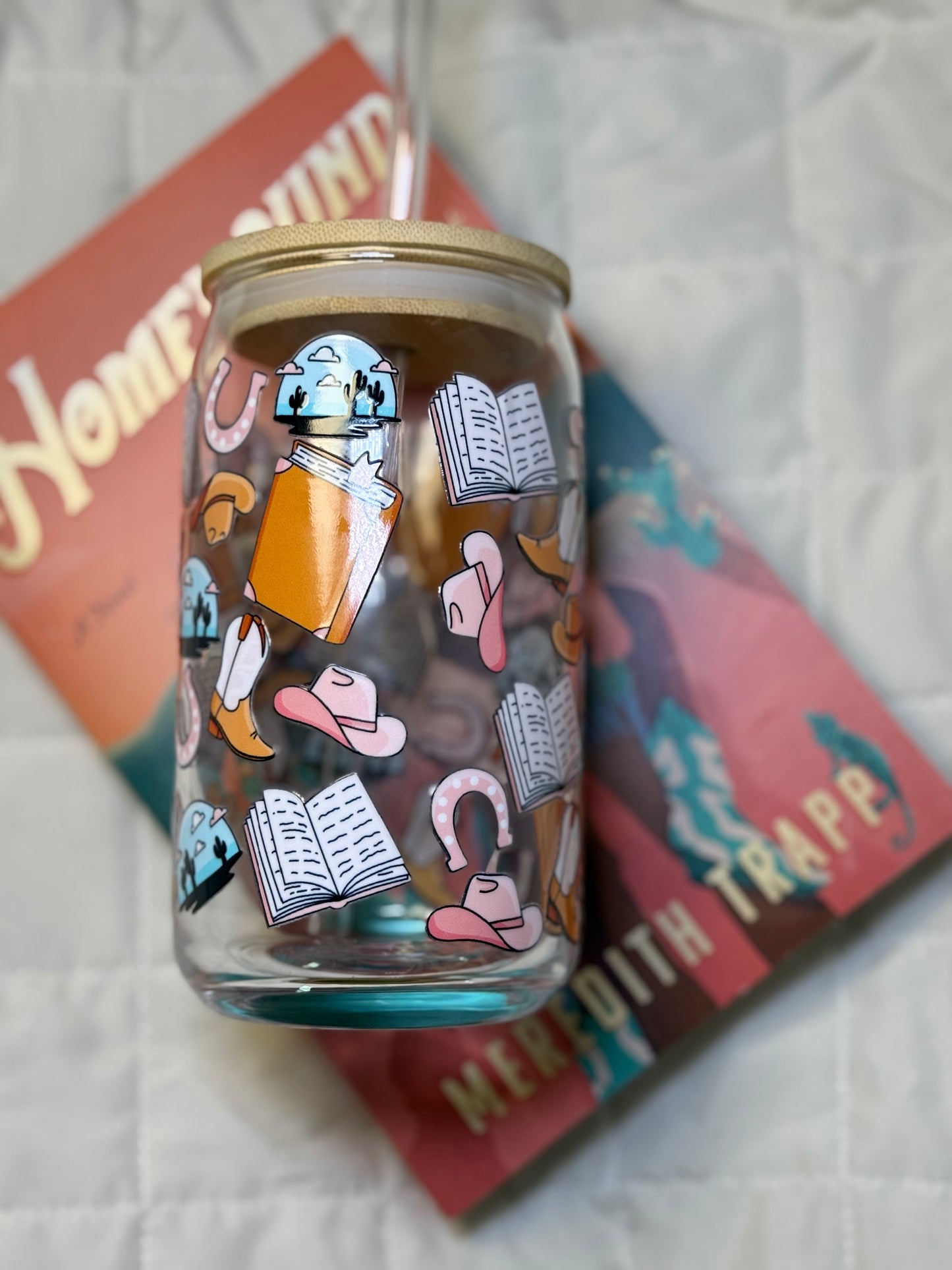 Small Town Cowboy Romance Glass Cup – 16oz Booktrope Can Glass with Bamboo Lid + Straw