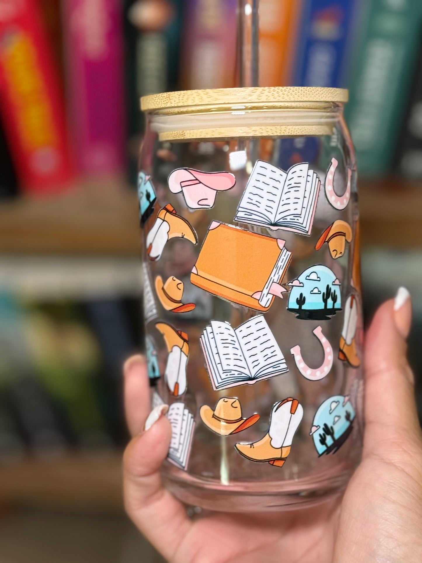 Small Town Cowboy Romance Glass Cup – 16oz Booktrope Can Glass with Bamboo Lid + Straw