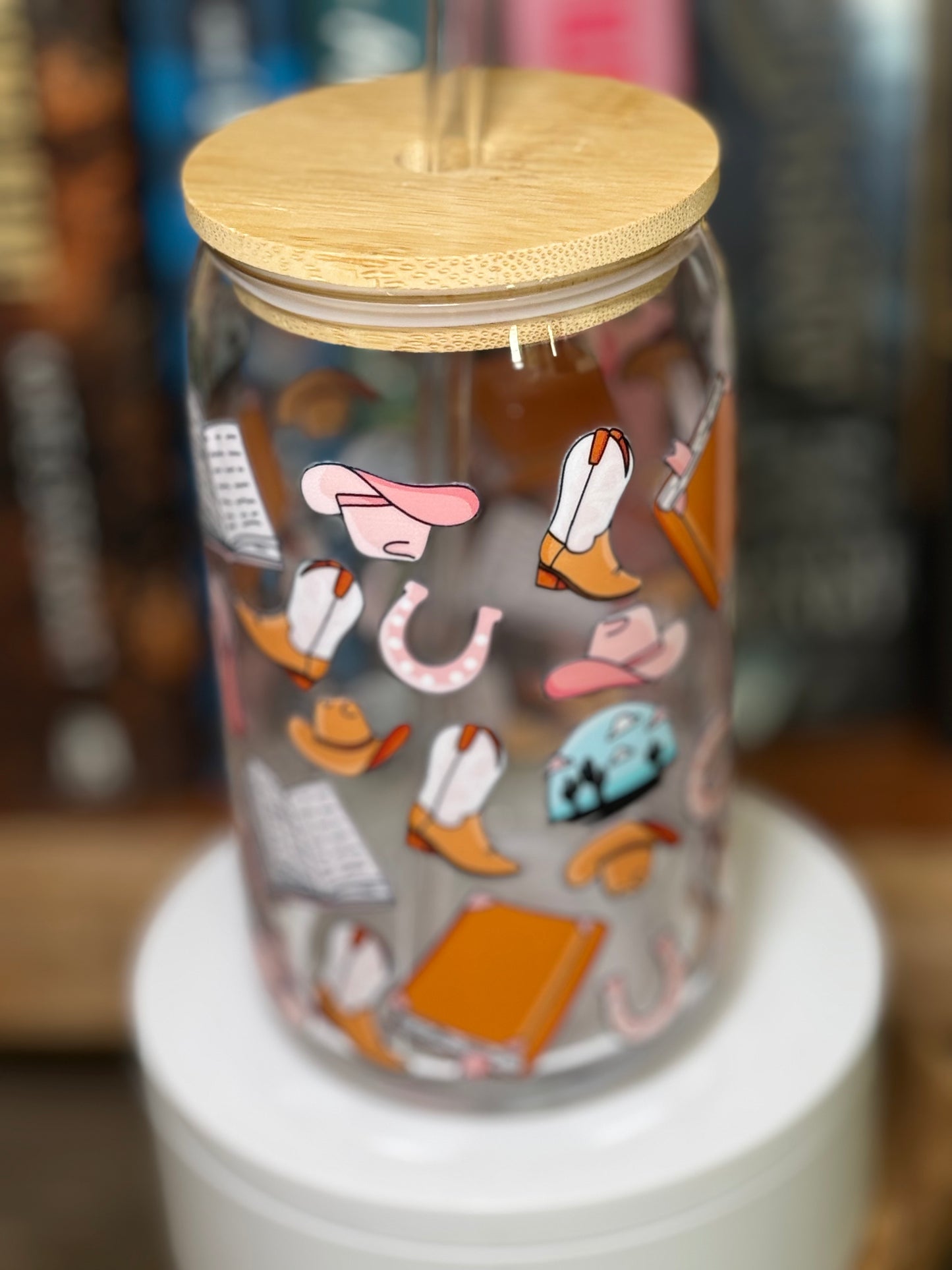 Small Town Cowboy Romance Glass Cup – 16oz Booktrope Can Glass with Bamboo Lid + Straw