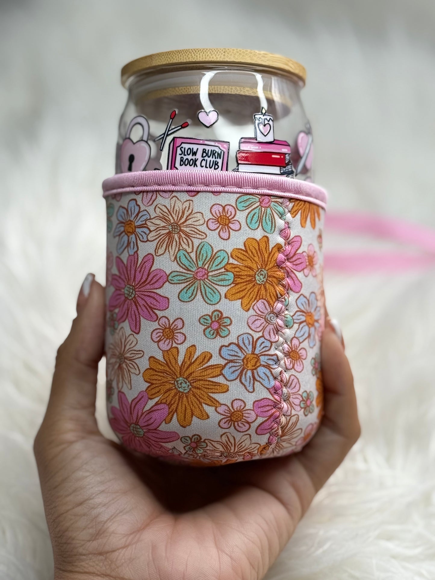 Soft Girl Coffee Cozy Sleeve | Reusable Iced & Hot Cup Holder for 16–22oz | Floral Print | Eco-Friendly Gift for Book Lovers Coffee Queens