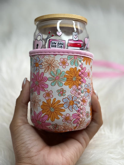 Soft Girl Coffee Cozy Sleeve | Reusable Iced & Hot Cup Holder for 16–22oz | Floral Print | Eco-Friendly Gift for Book Lovers Coffee Queens