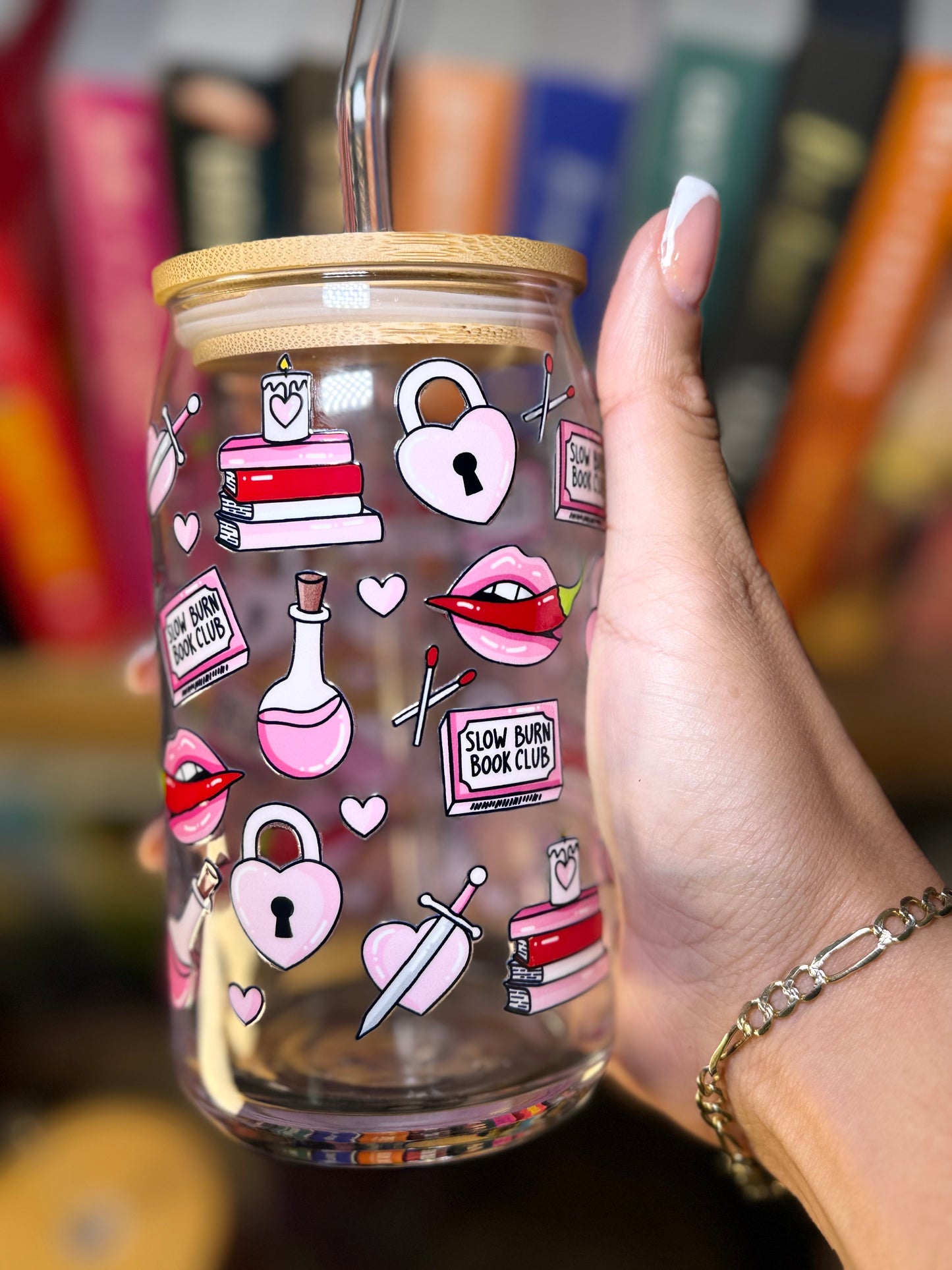 Slow Burn Bookish Glass Cup – 16oz Glass Can with Straw + Bamboo Lid | Romance Reader Gift