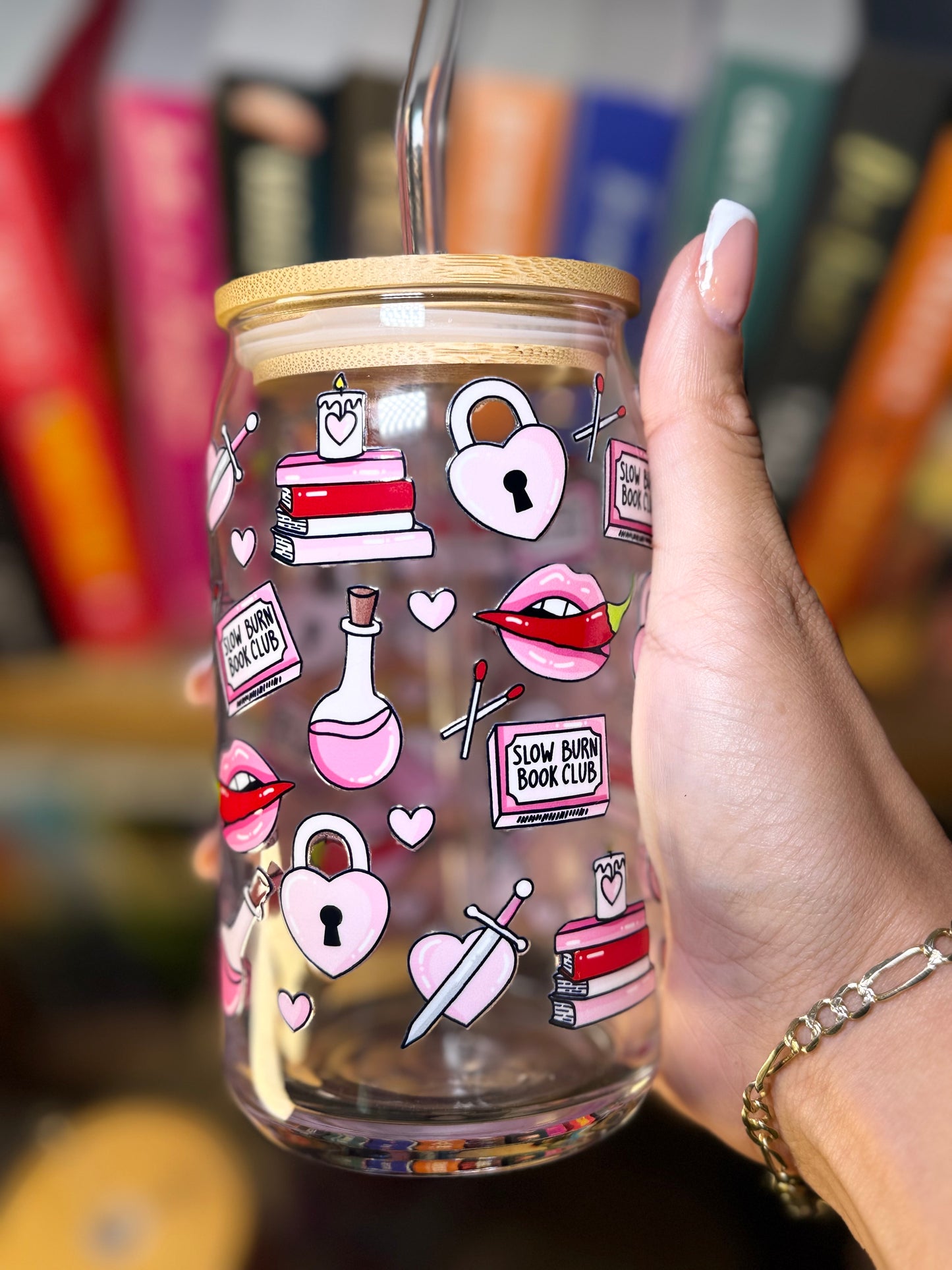 Slow Burn Bookish Glass Cup – 16oz Glass Can with Straw + Bamboo Lid | Romance Reader Gift