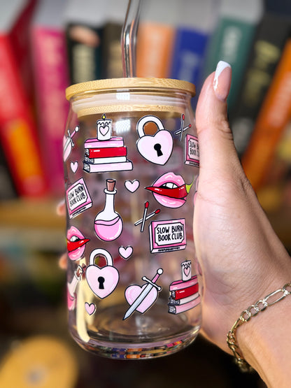 Slow Burn Bookish Glass Cup – 16oz Glass Can with Straw + Bamboo Lid | Romance Reader Gift