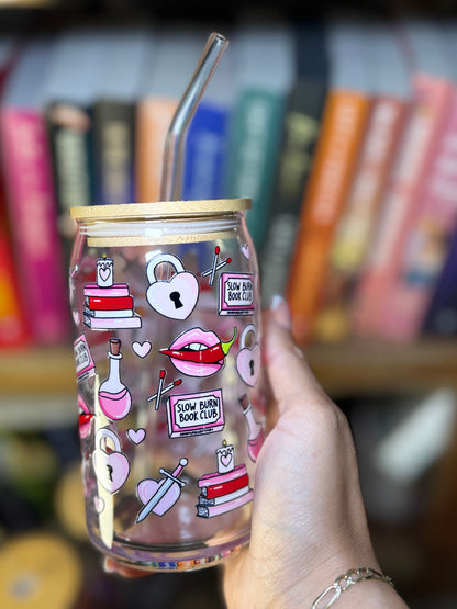 Slow Burn Bookish Glass Cup – 16oz Glass Can with Straw + Bamboo Lid | Romance Reader Gift