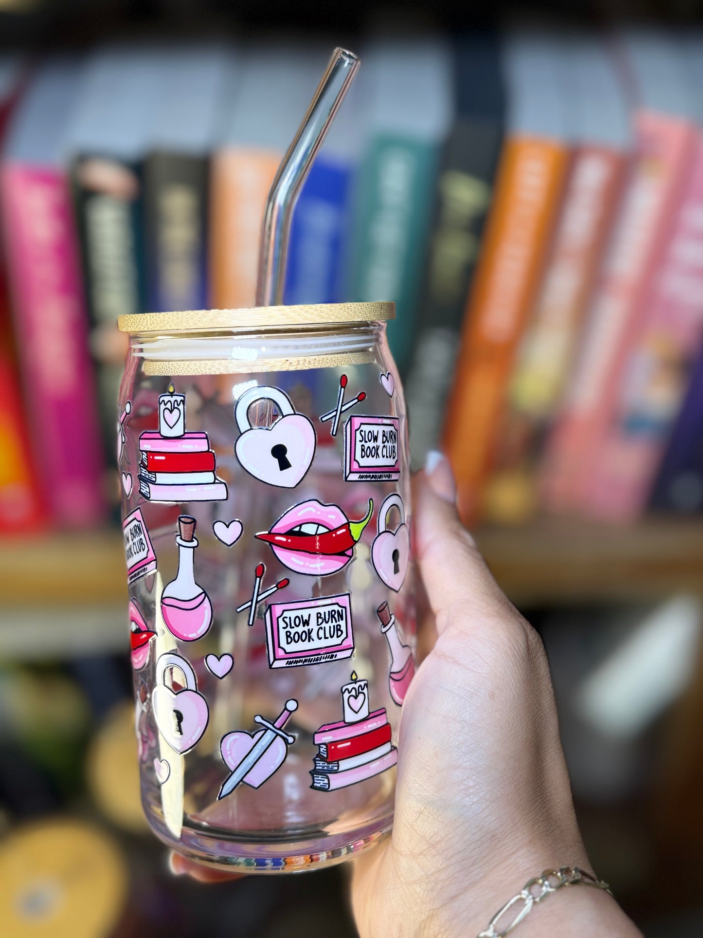 Slow Burn Bookish Glass Cup – 16oz Glass Can with Straw + Bamboo Lid | Romance Reader Gift