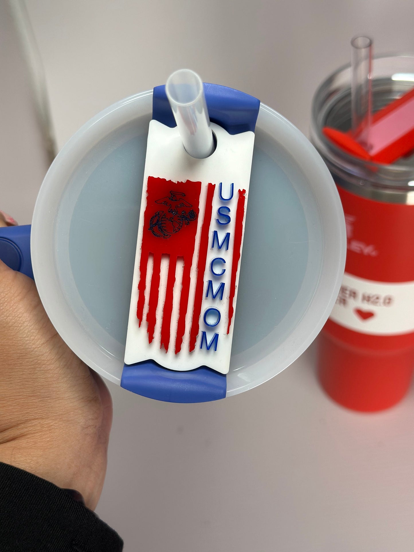 Personalized Tumbler Name Plate USMC  Flag Stanley Name Tag For Tumbler Plate Topper Acrylic EGA Name Plate Quencher Name Tag  Military wife