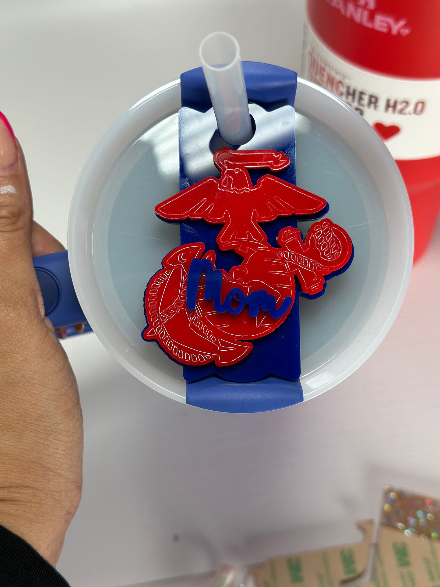 Personalized Tumbler Name Plate USMC  Flag Stanley Name Tag For Tumbler Plate Topper Acrylic EGA Name Plate Quencher Name Tag  Military wife