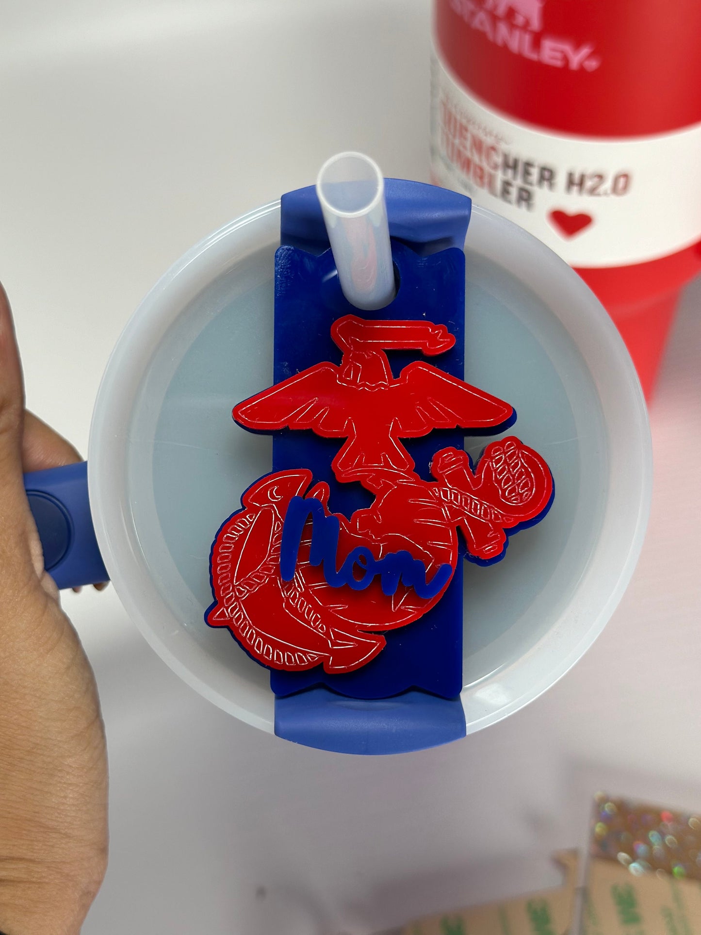 Personalized Tumbler Name Plate USMC  Flag Stanley Name Tag For Tumbler Plate Topper Acrylic EGA Name Plate Quencher Name Tag  Military wife