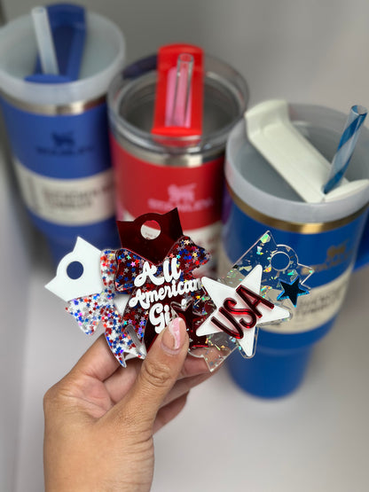 Name Plate Patriotic Bow  Tumbler Topper Holiday USA Tumbler Bow name tag God Bless America Tumbler Topper 4th of July Topper Memorial day