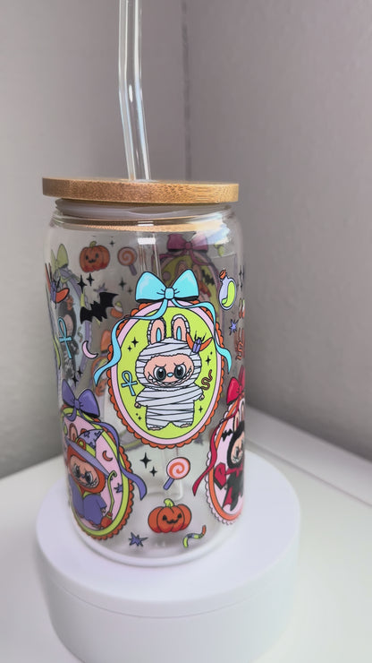 🎃 Spooky Bunny Halloween Cup – Labubu-Inspired 16 oz Glass Tumbler w/ Bamboo Lid & Straw
