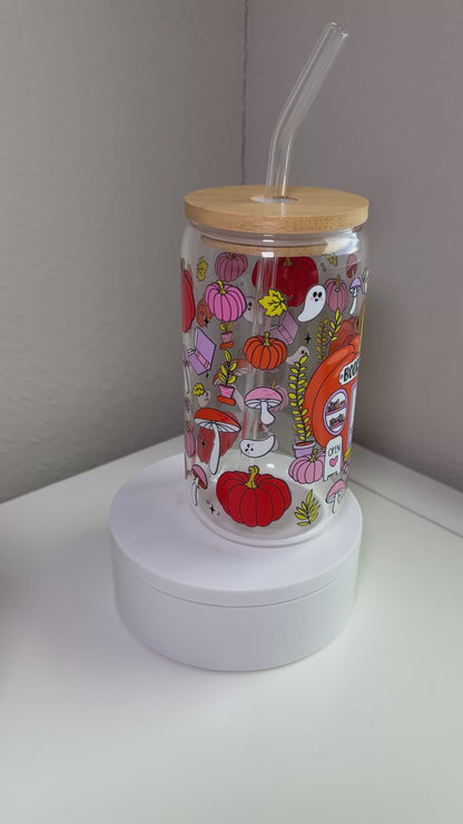 🎃 Spooky Bookstore Glass Cup – Fall Vibes + Ghostie Cuties (16 oz)