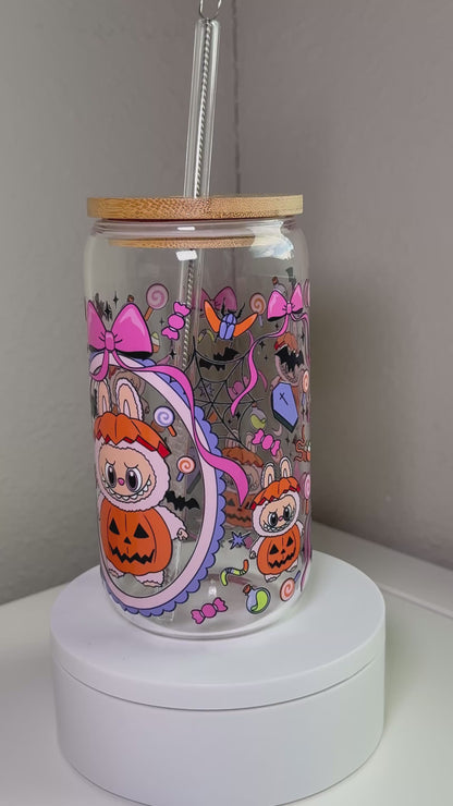Spooky Pink Bow BuBu Monster Glass Cup – 16 oz Halloween Iced Coffee Tumbler Inspired by Labubu Style