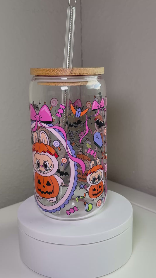 Spooky Pink Bow BuBu Monster Glass Cup – 16 oz Halloween Iced Coffee Tumbler Inspired by Labubu Style