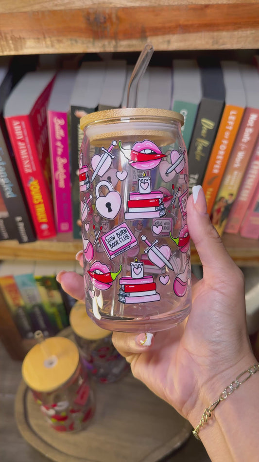 Slow Burn Bookish Glass Cup – 16oz Glass Can with Straw + Bamboo Lid | Romance Reader Gift