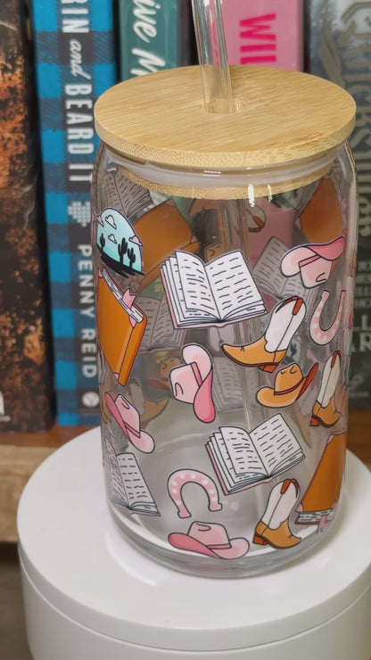 Small Town Cowboy Romance Glass Cup – 16oz Booktrope Can Glass with Bamboo Lid + Straw
